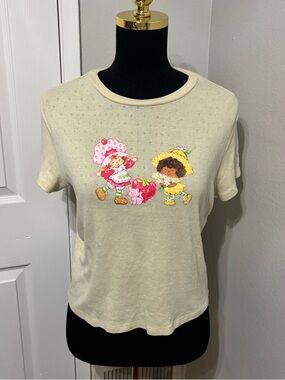 Butter Yellow Strawberry Shortcake Y2K Eyelet Tee Size XL Coquette Summer
